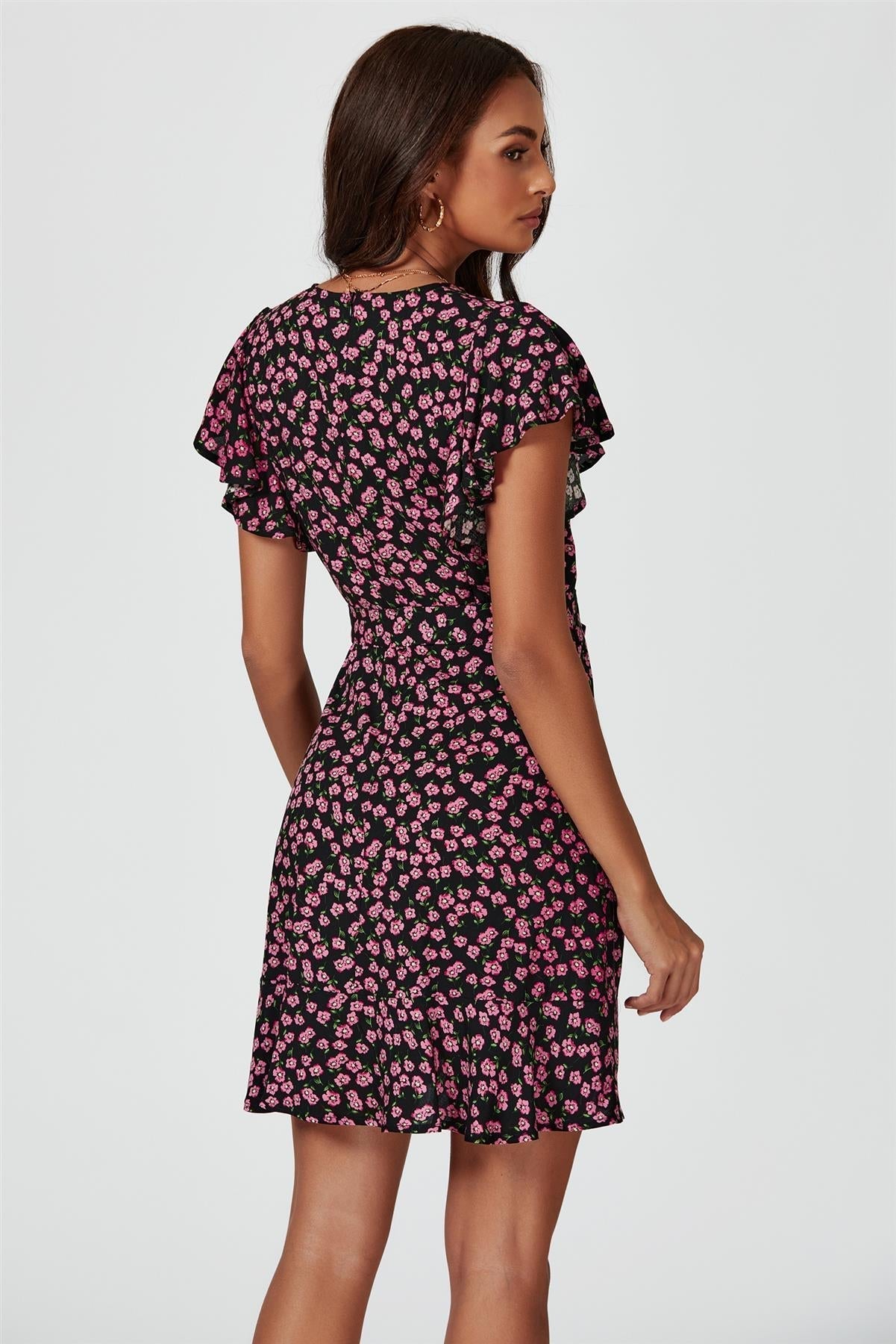 Floral Print Wrap Top Dress In Black - AXON