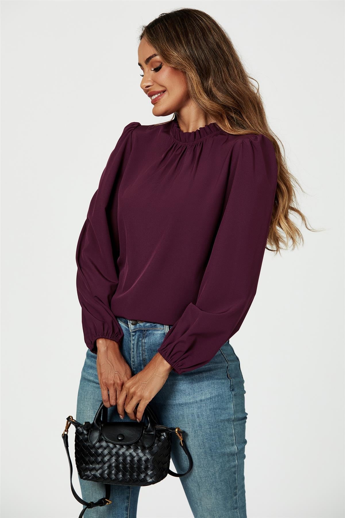 Frill Detail High Neck Top In Plum - AXON