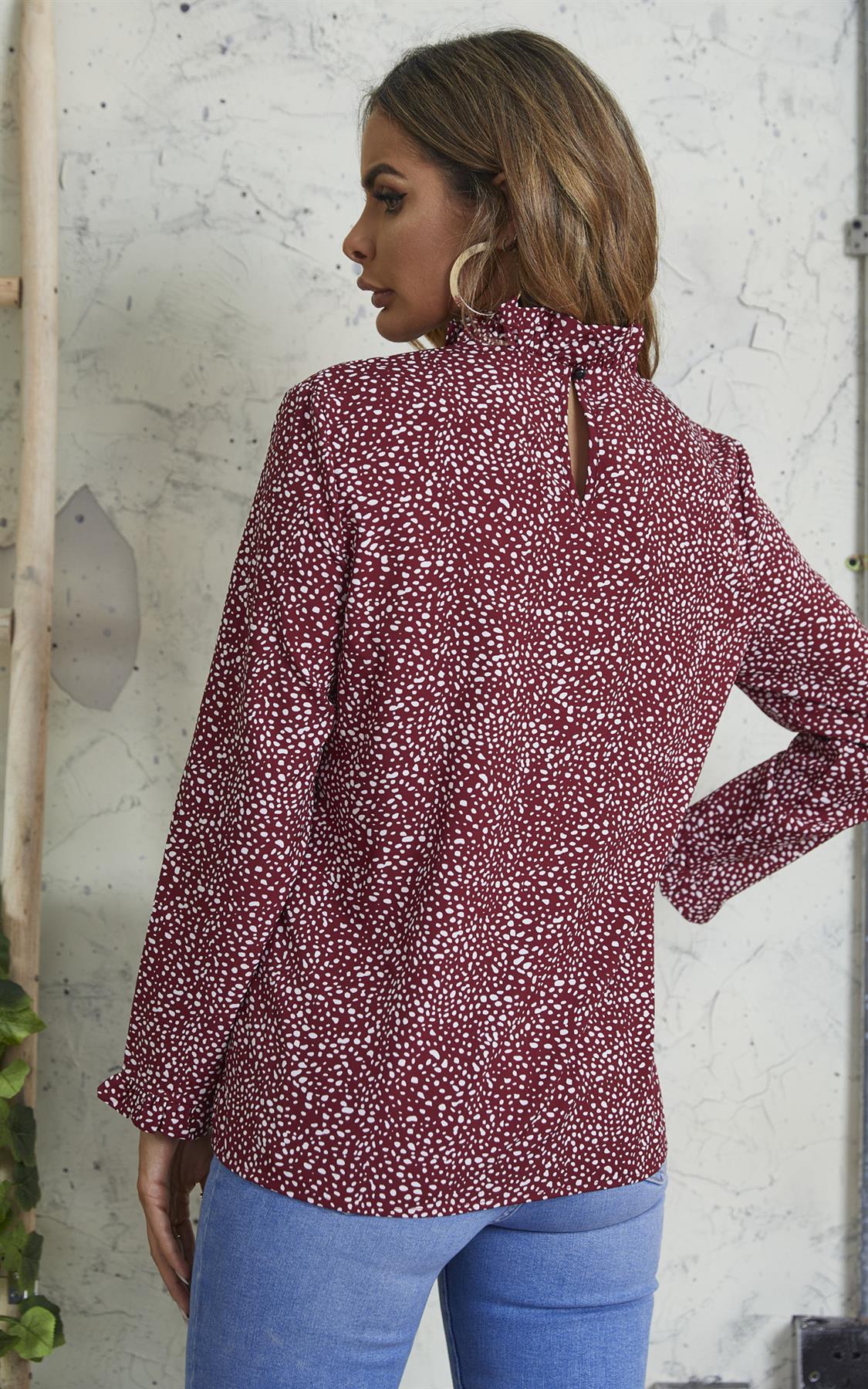 Frill Detail High Neck Top In Wine Red & White Animal Print - AXON