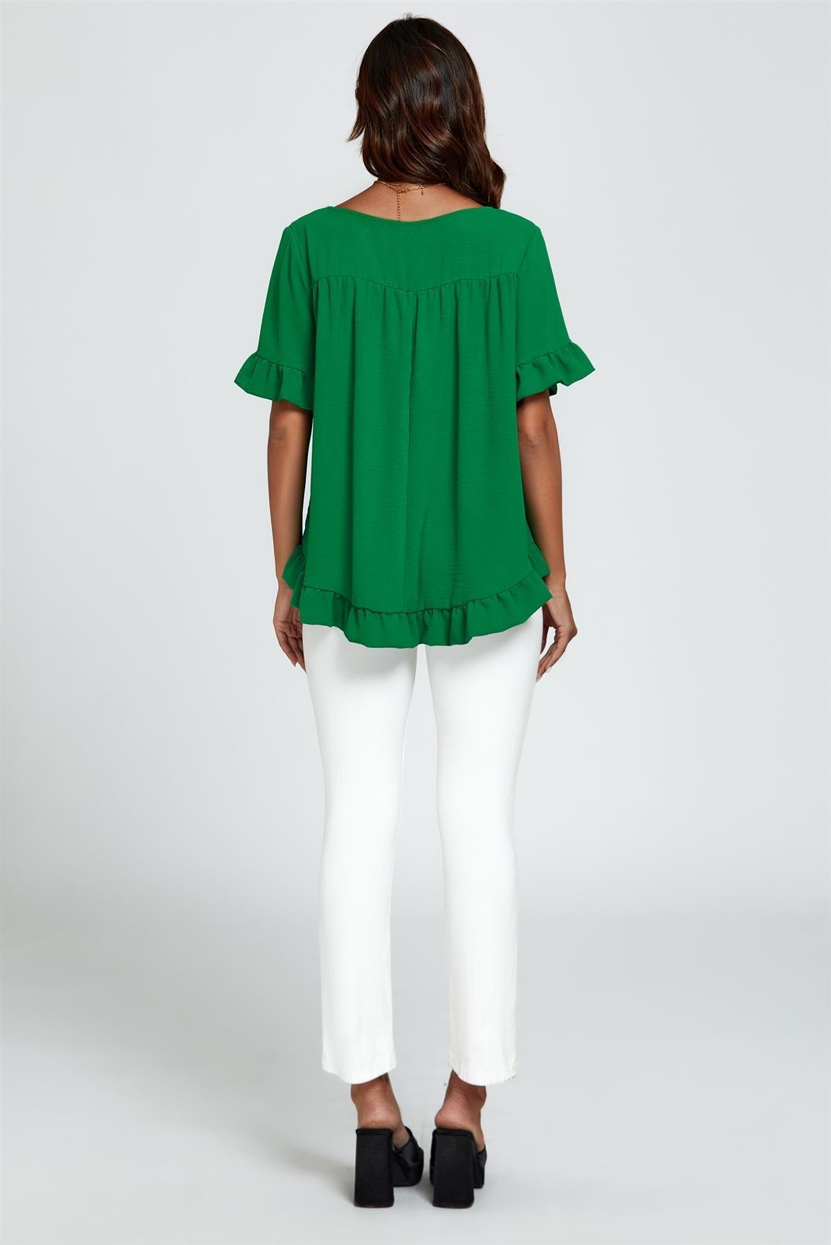 Frill Detail Short Sleeves Top In Green - AXON