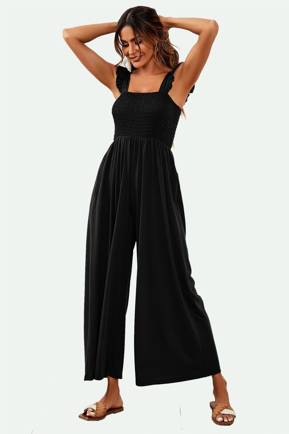 Frill Detail Strappy Jumpsuit In Black - AXON