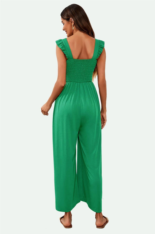 Frill Detail Strappy Jumpsuit In Green - AXON