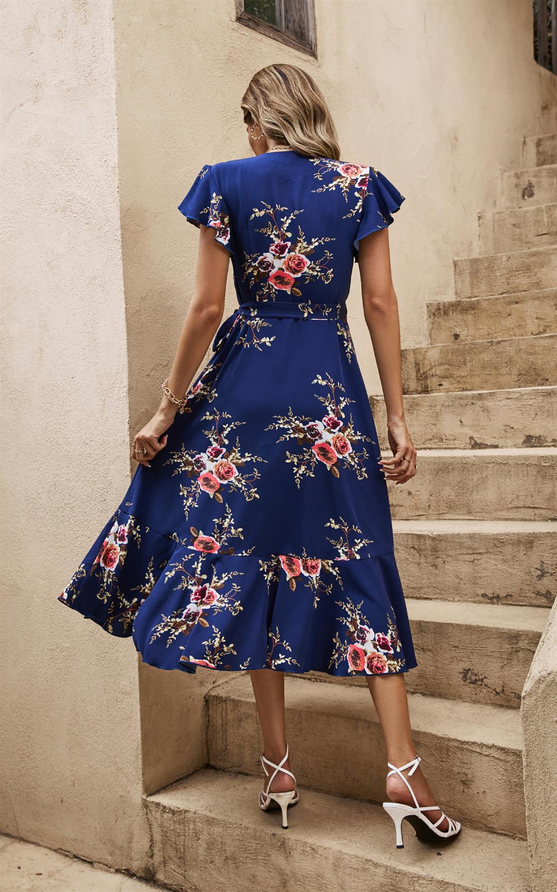 Frill Shoulder Sleeve Floral Midi Wrap Dress In Navy - AXON