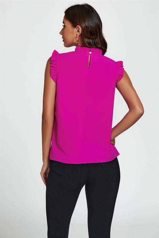 Frill Trim Sleeve Frill Neck Blouse Top In Magenta - AXON