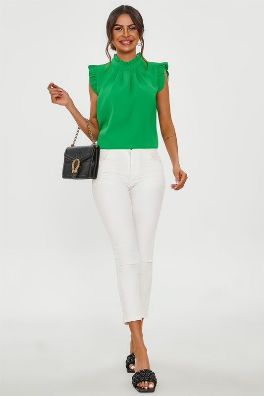 Frill Trim Sleeve High Neck Blouse Top In Light Green - AXON