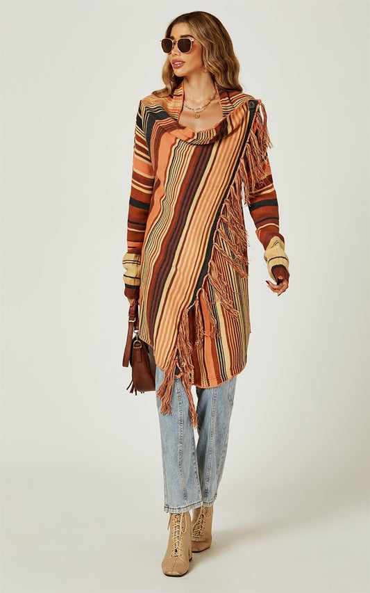 Fringes Detail Cardigan In Rusty Red & Orange & Black - AXON