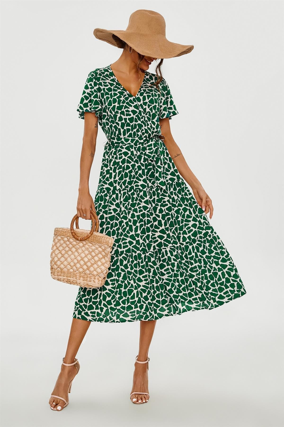 Geo Print Hem Tiered Wrap Midi Dress In Green - AXON
