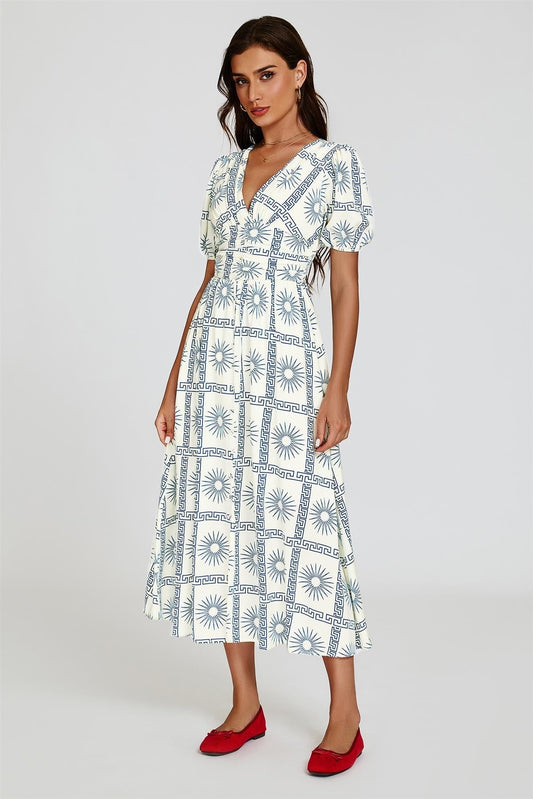 Geo Print Midi V neckline Dress In White - AXON