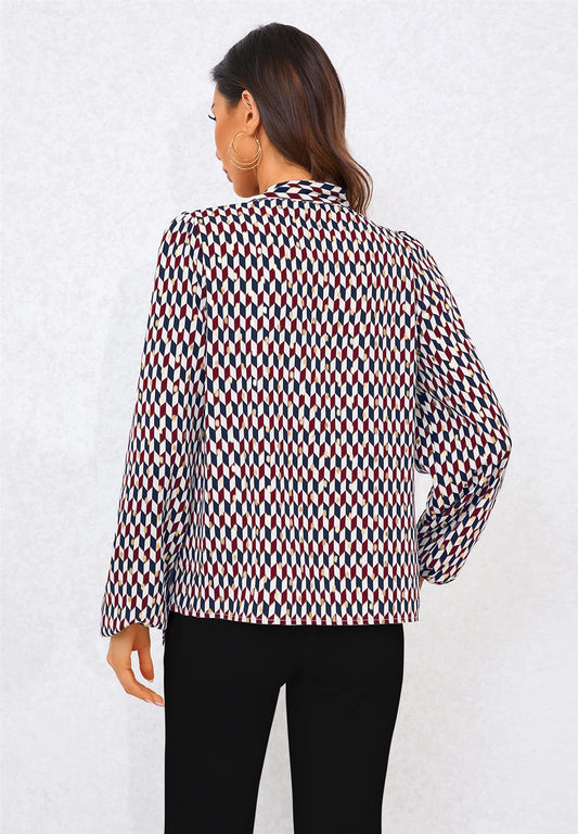Geo Print Side Tie Blouse Top In Wine - AXON