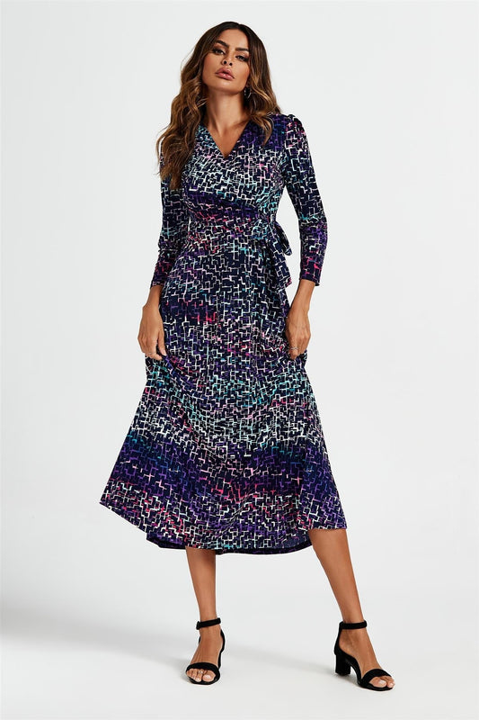 Geometric Print Wrap Top Midi Dress In Navy - AXON