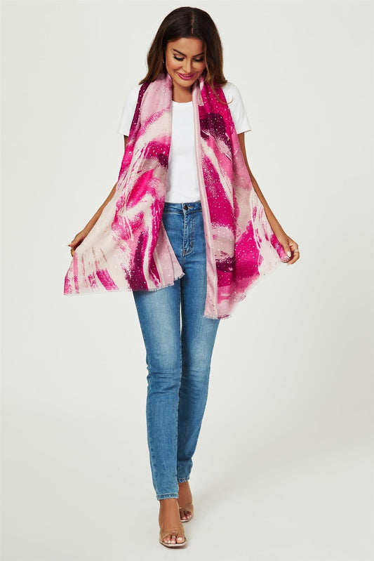Gold Foil Abstract Brush Print Fringed edges Scarf In Pink - AXON