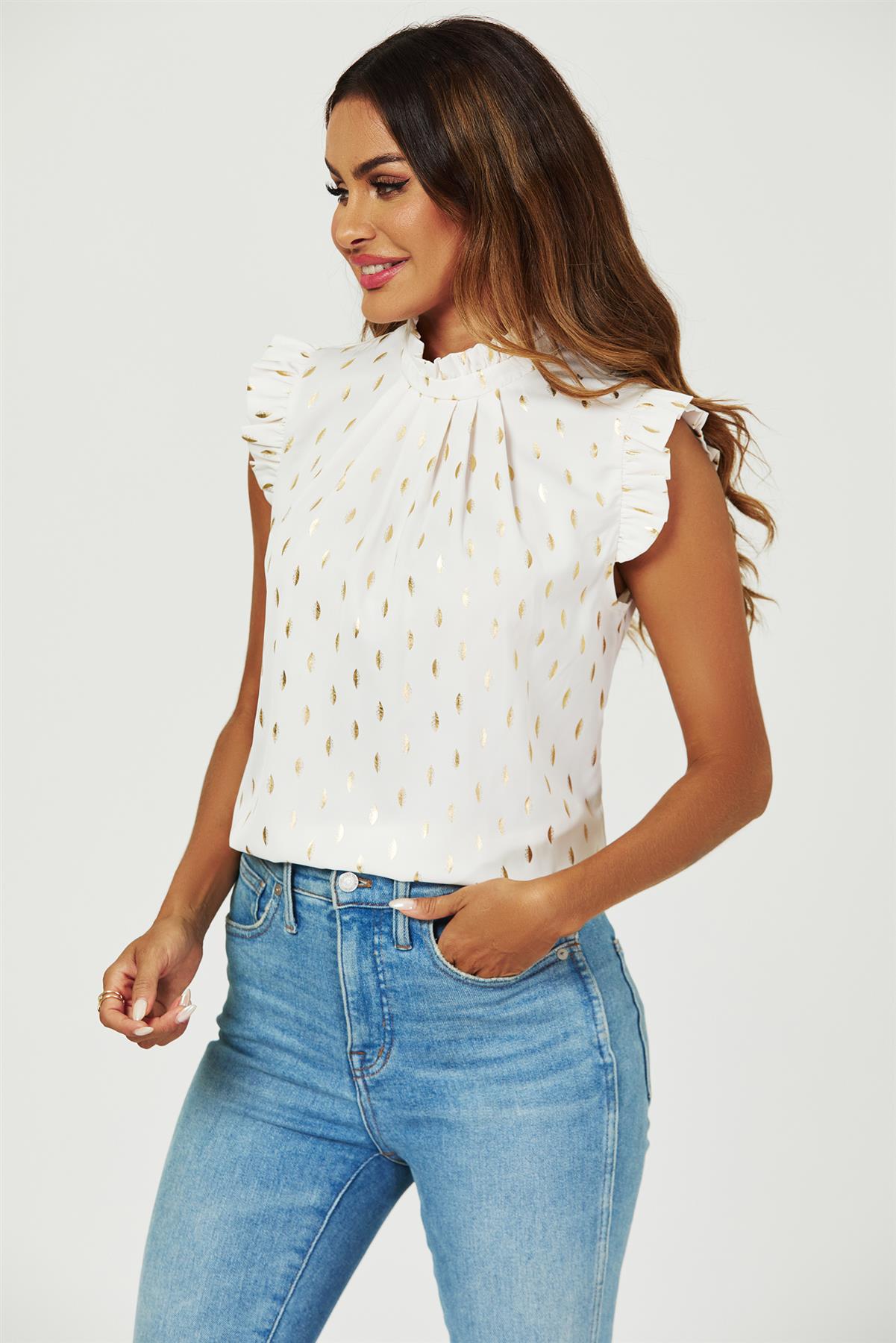 Gold Foil Frill Trim Sleeve High Neck Blouse Top In Cream - AXON