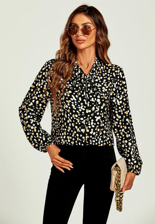 Gold Foil Leopard Print Pussybow Blouse/Top In Black - AXON