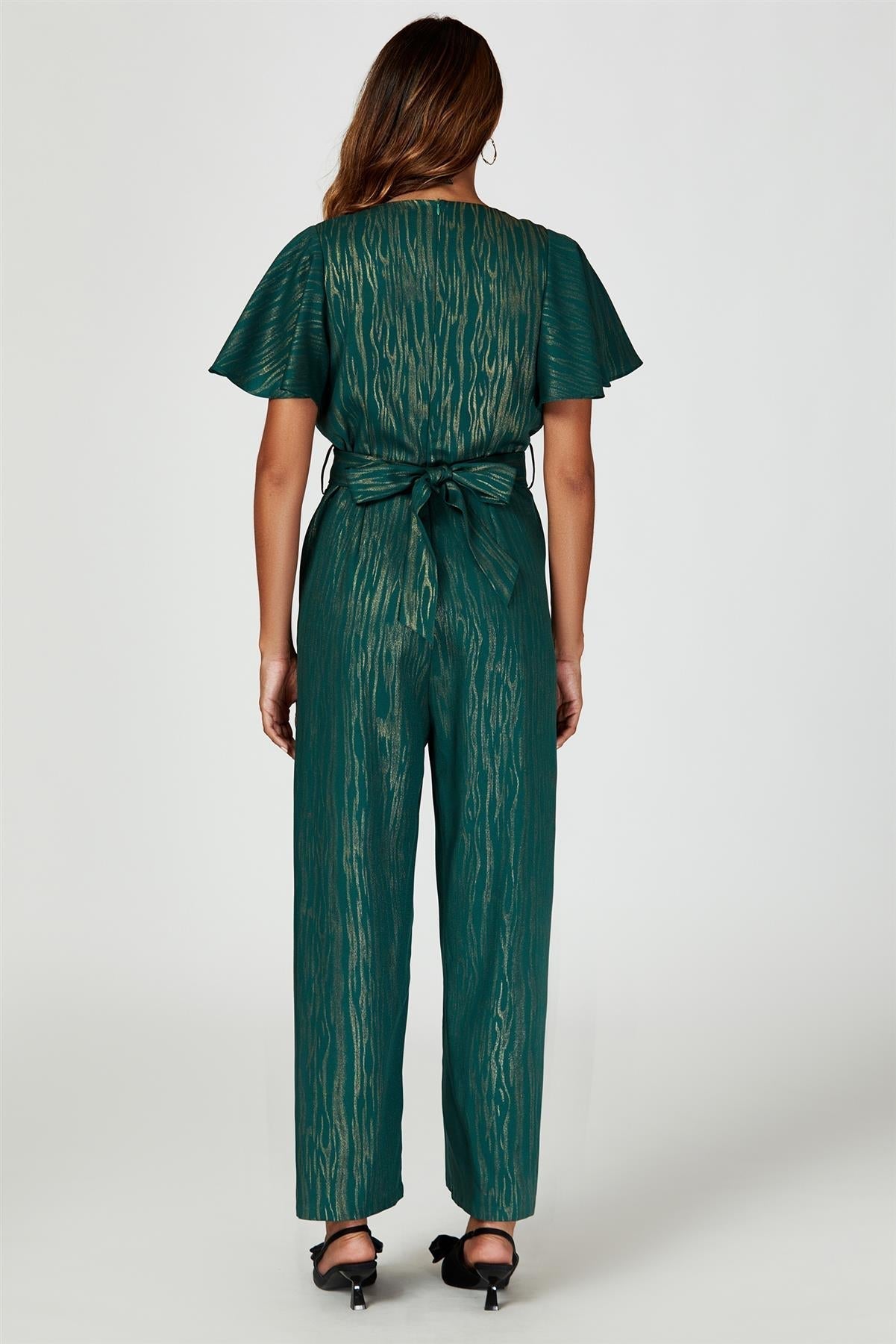 Gold Foil Print Wrap Top Jumpsuit In Green - AXON
