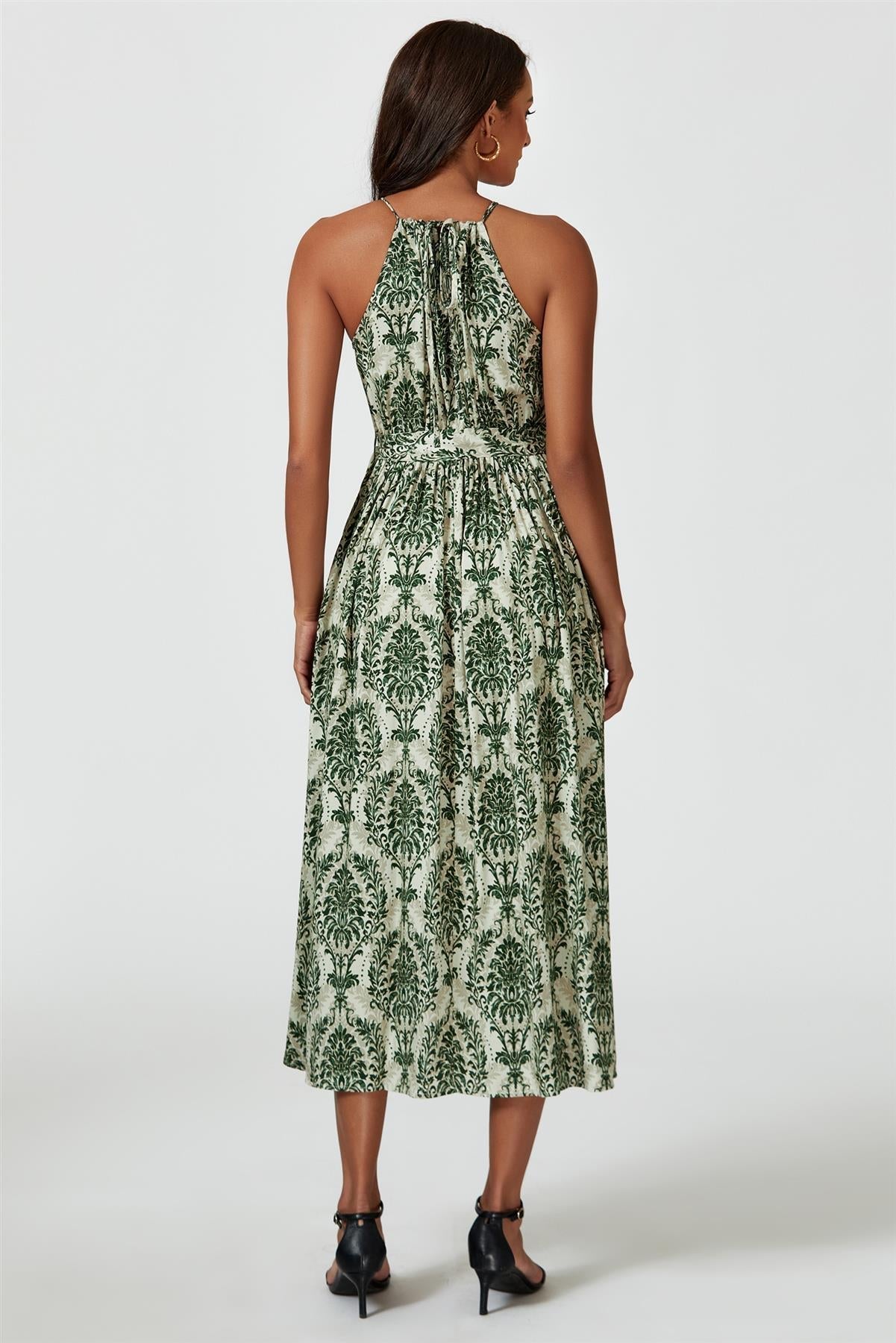 Green & Beige Floral Print Tie Halterneck Maxi Dress - AXON