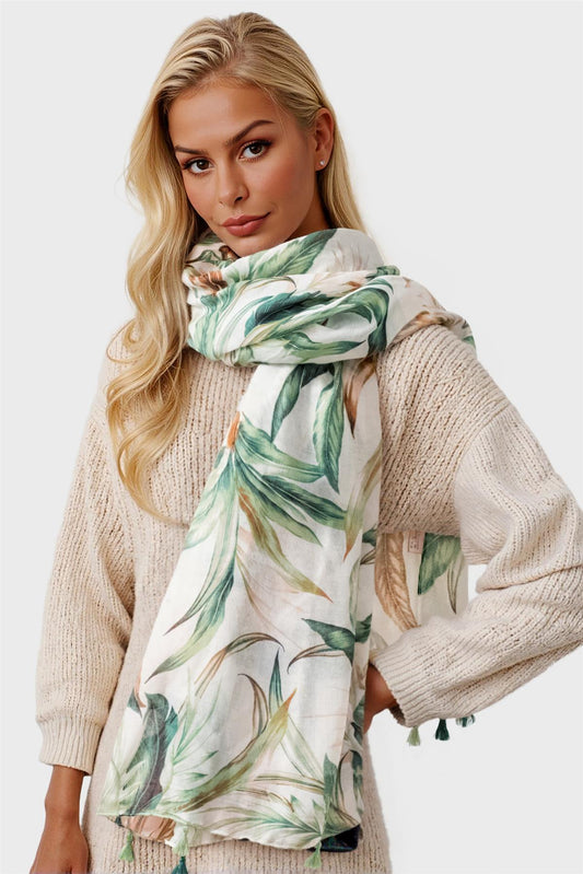 Green Leaf Print Tassel Scarf In White - AXON