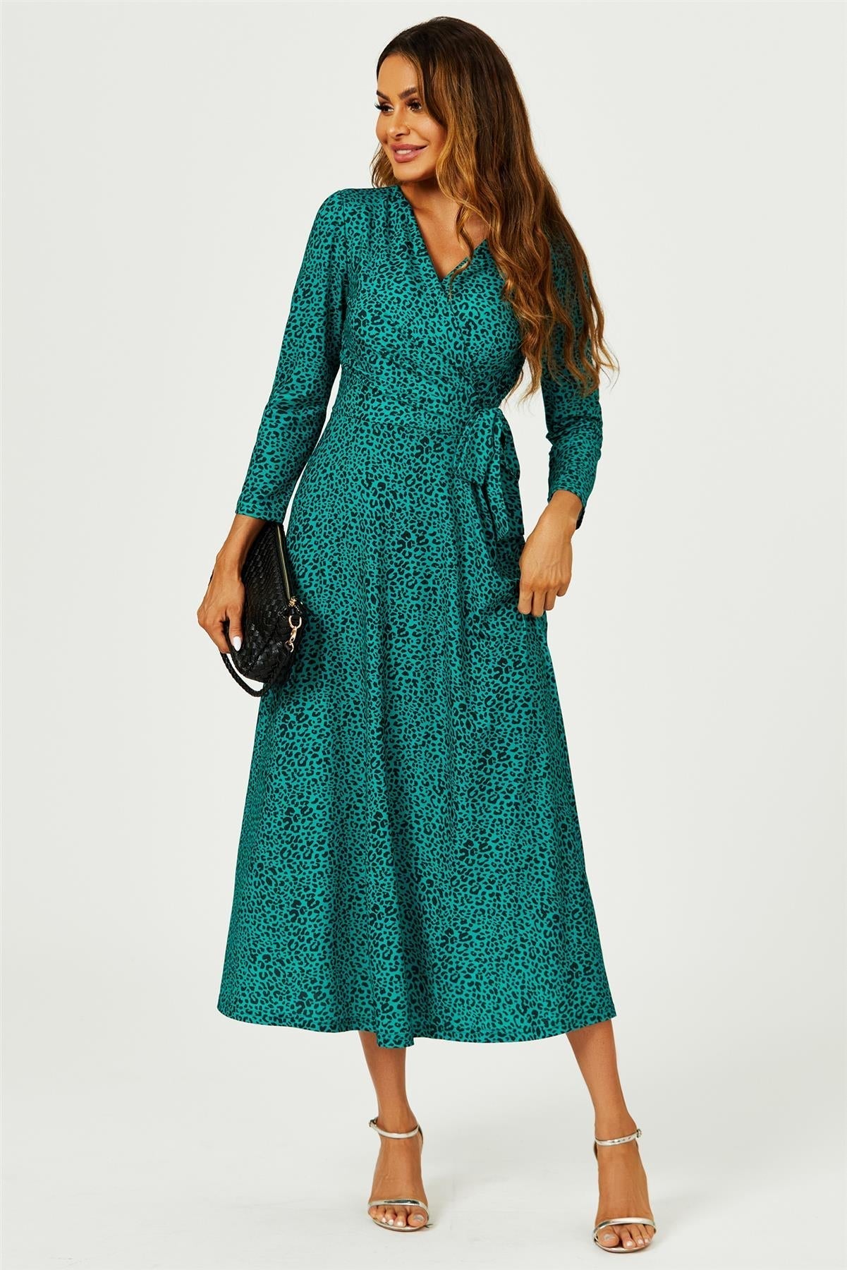 Green Leopard Print Wrap Top Midaxi Dress - AXON