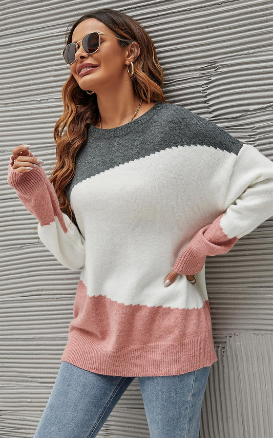 Grey & Pink Block Colour Jumper Top In White - AXON