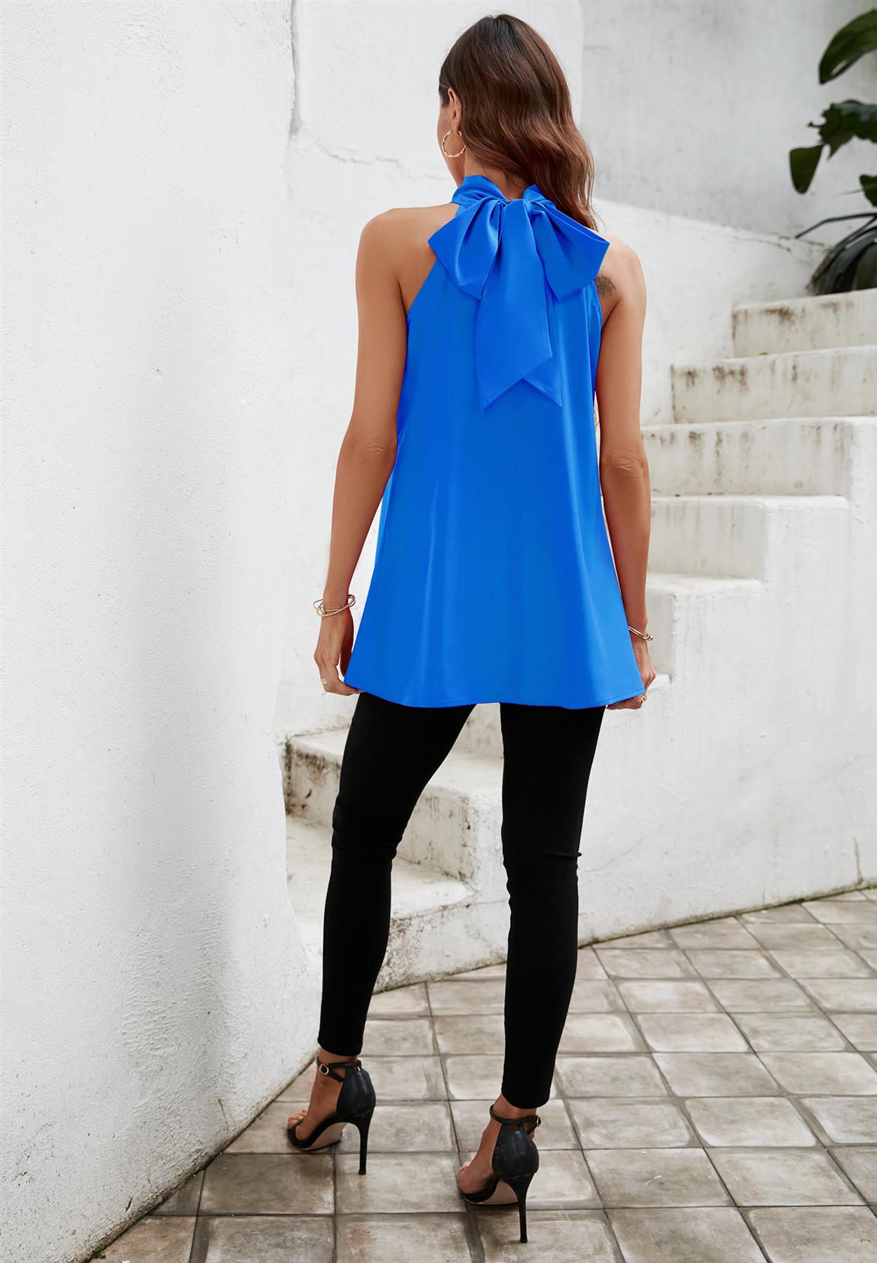 Halter Neck Tie Back Top In Azure Blue - AXON