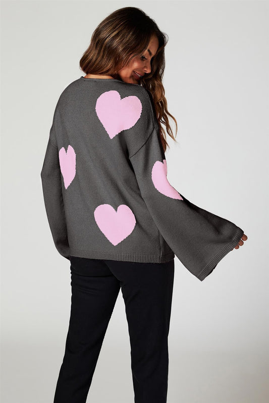 Heart Patten Wide Sleeve Oversize Jumper In Dark Grey - AXON