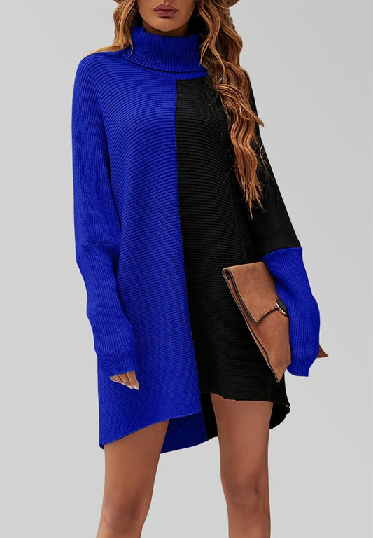 High Neck Half Forest Blue & Black Block Colour Jumper Top - AXON