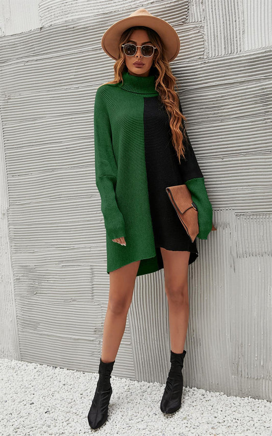 High Neck Half Forest Green & Black Block Colour Jumper Top - AXON