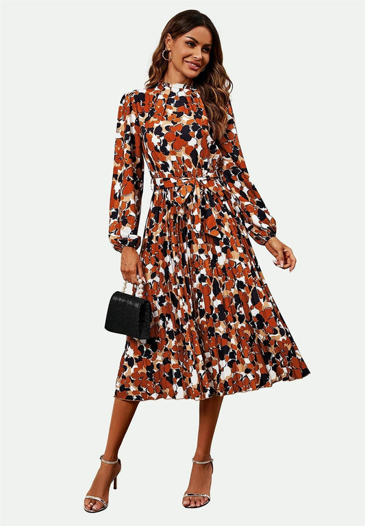 High Neck Long Sleeve Midi Dress In Rust - AXON