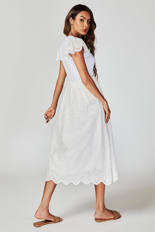 Jersey Broderie Midi Dress In White - AXON