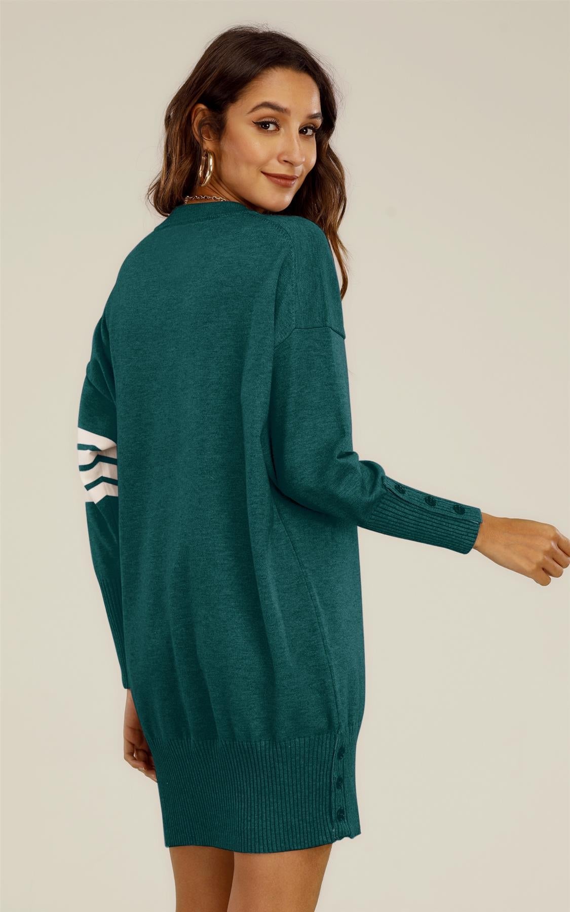 Knitted Tunic Jumper Dress With White Stripe In Dark Green - AXON