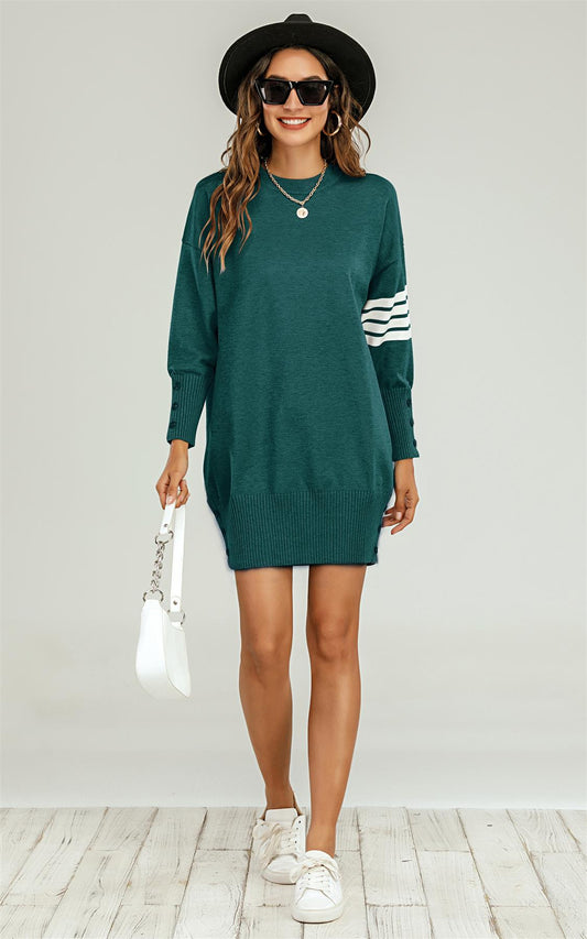 Knitted Tunic Jumper Dress With White Stripe In Dark Green - AXON