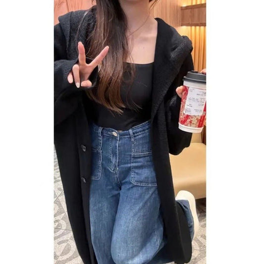 Korean Style Idle Style Hooded Long Below The Knee Knitted Cardigan For Women - AXON