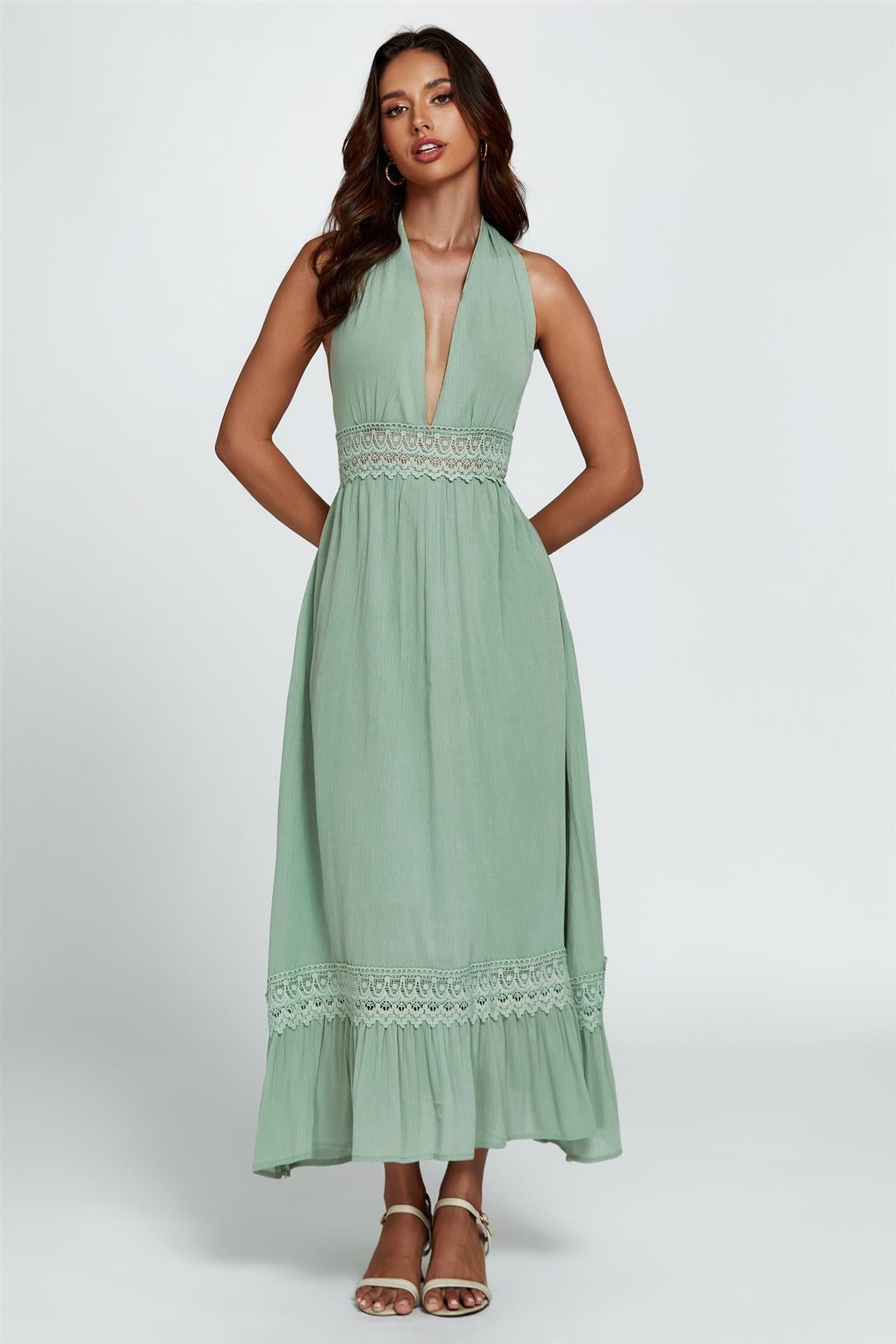 Lace Detail Adjustable Deep V Neckline Maxi Dress In Green - AXON