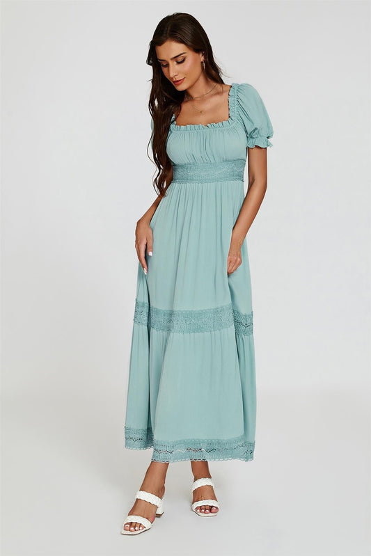 Lace Detail Bardot Maxi Dress In Blue - AXON