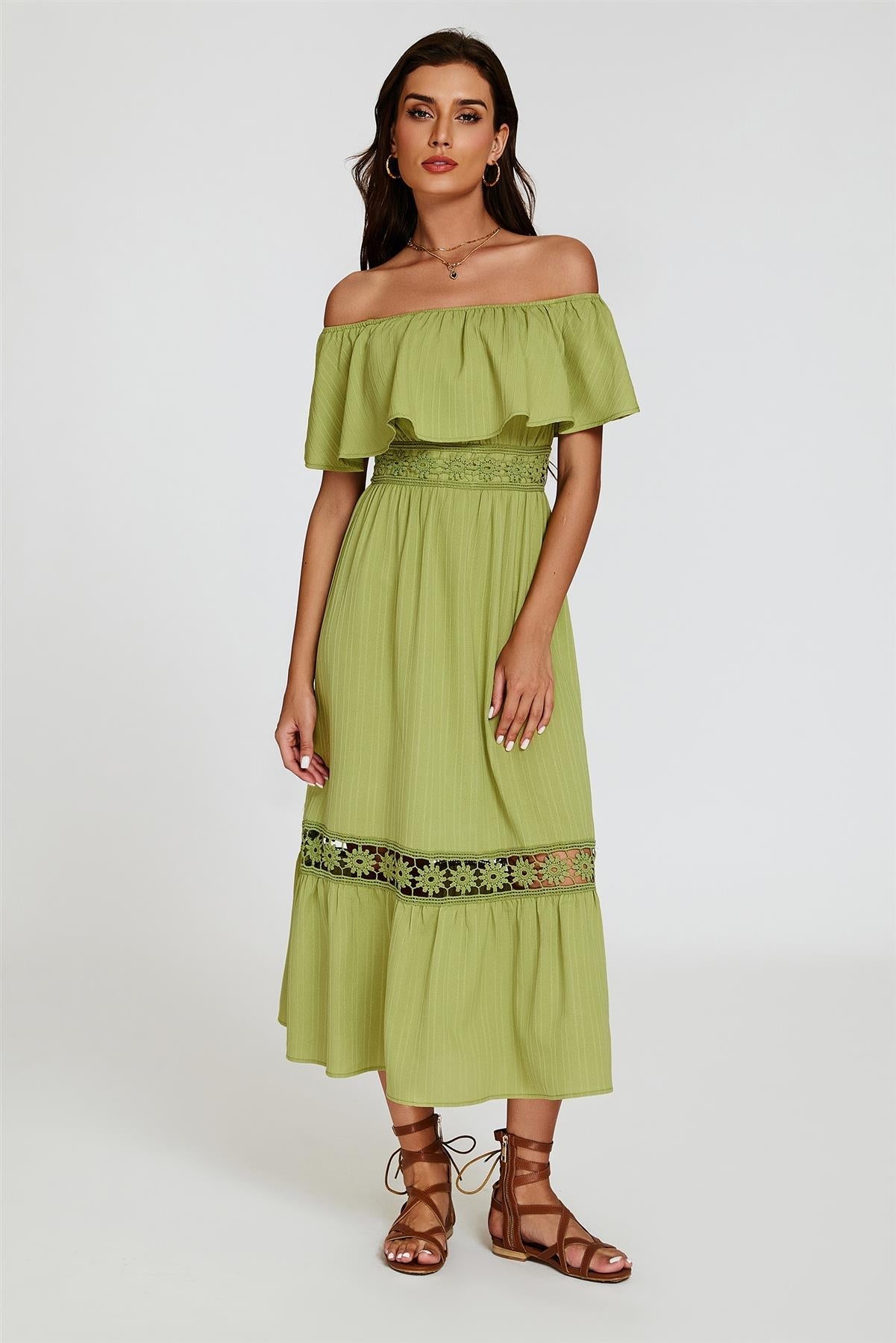 Lace Detail Bardot Maxi Dress In Green - AXON