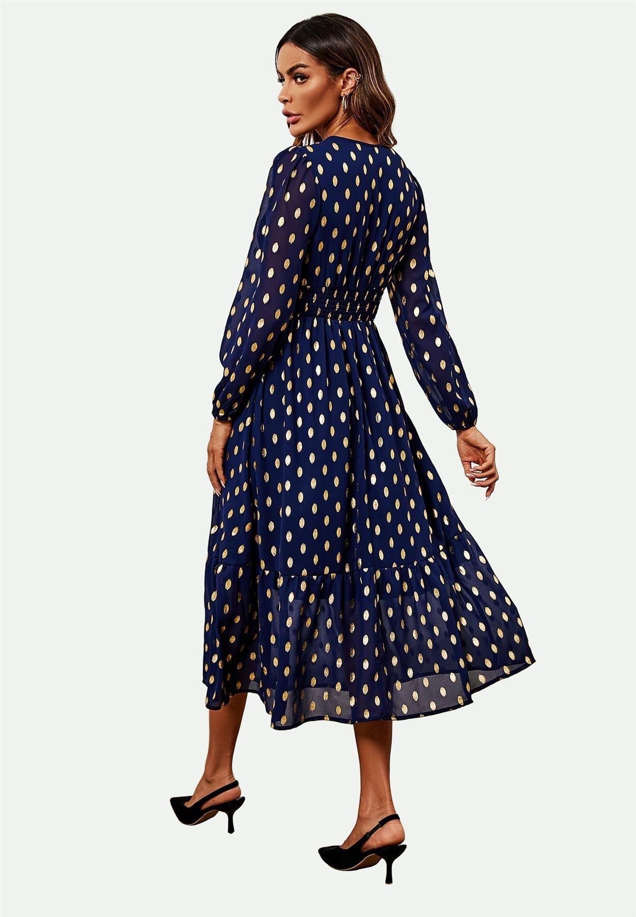 Lace Trim Foil Long Sleeve Maxi Dress In Navy - AXON