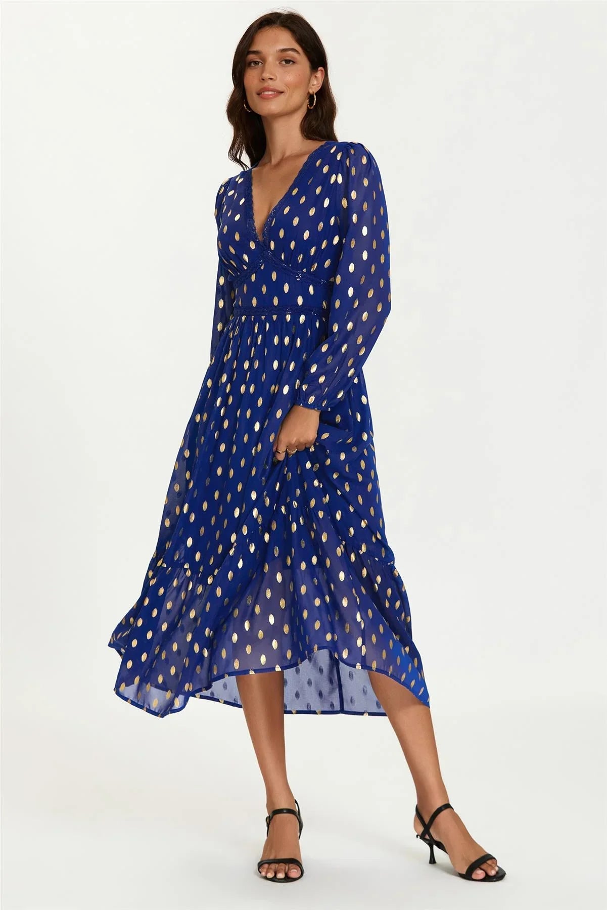 Lace Trim Foil Long Sleeve Maxi Dress In Royal Blue - AXON