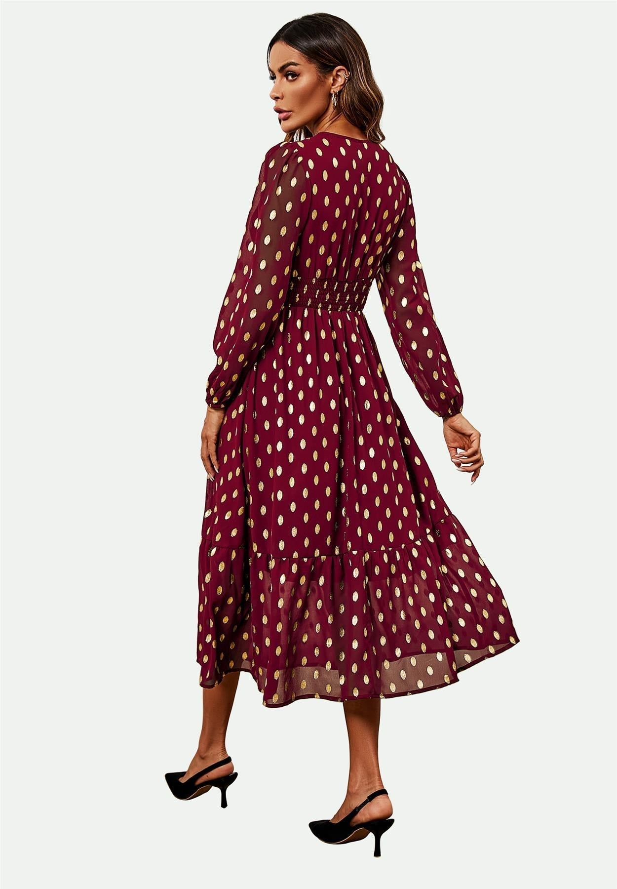Lace Trim Foil Long Sleeve Maxi Dress In Wine - AXON