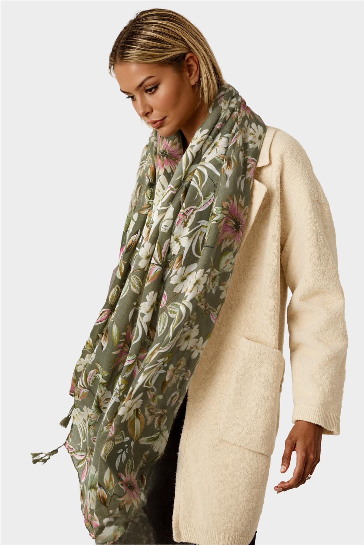 Leaf Floral Print Tassel Scarf In Olive Green - AXON