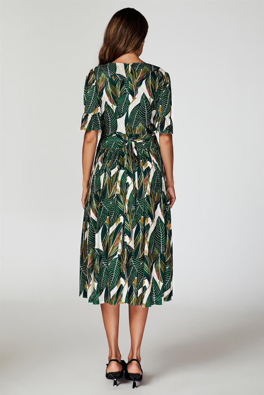 Leaf Print Mesh Midi Dress In Green - AXON