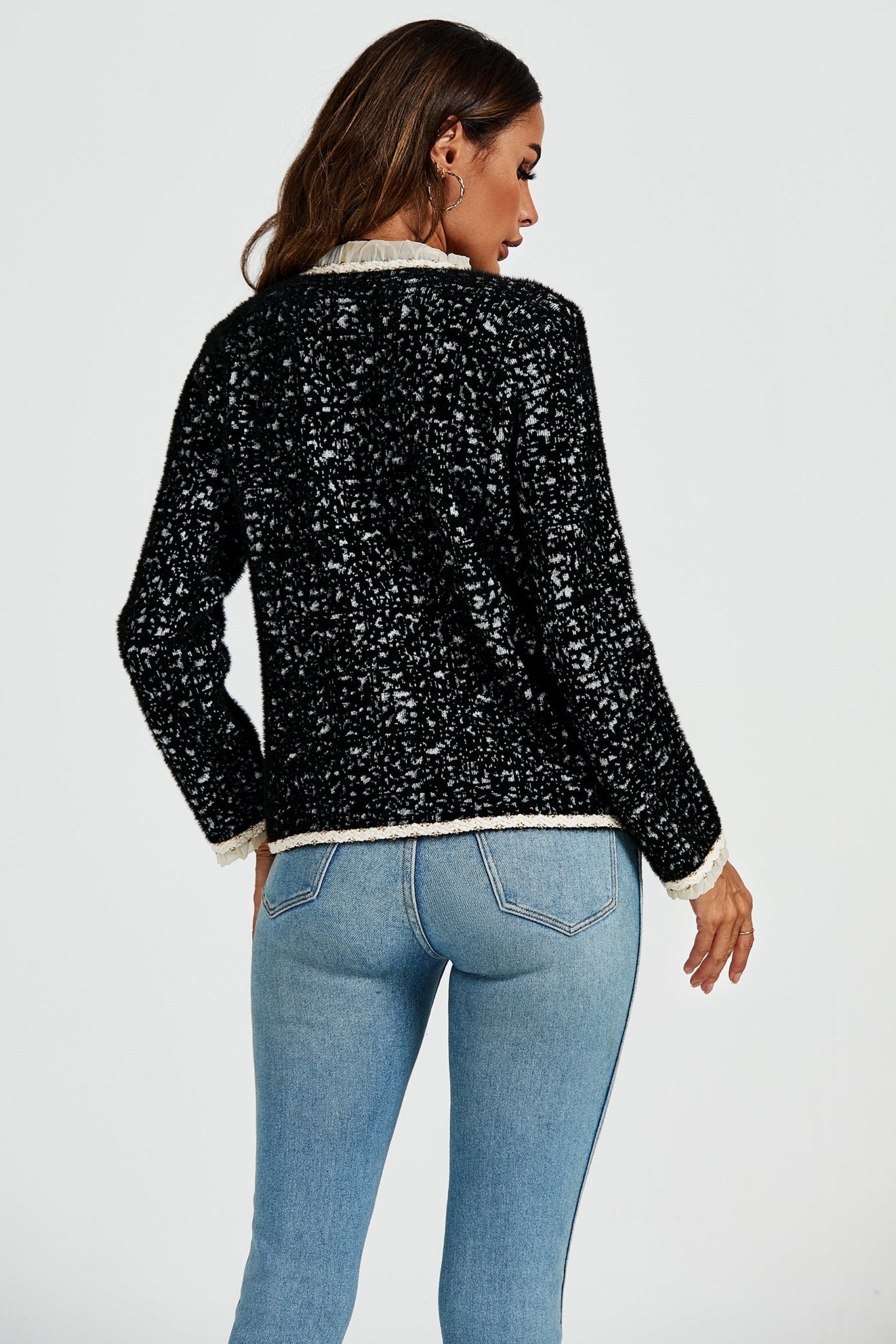 Leopard Pattern Lace Trim Boucle Jacket in Black - AXON