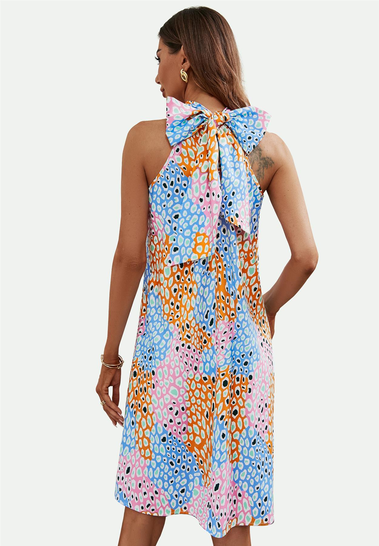 Leopard Print Halter Neck Tie Back Mini Dress In Pink & Blue & Yellow - AXON