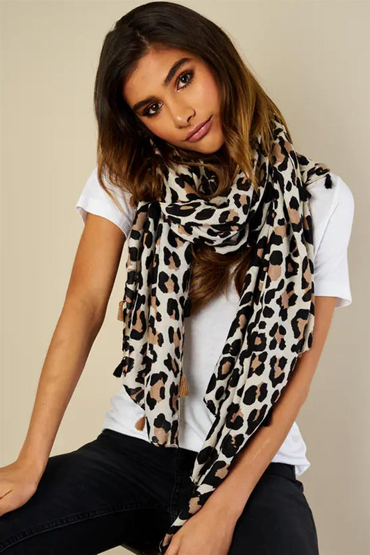 Leopard Print Tassel Scarf In Beige - AXON