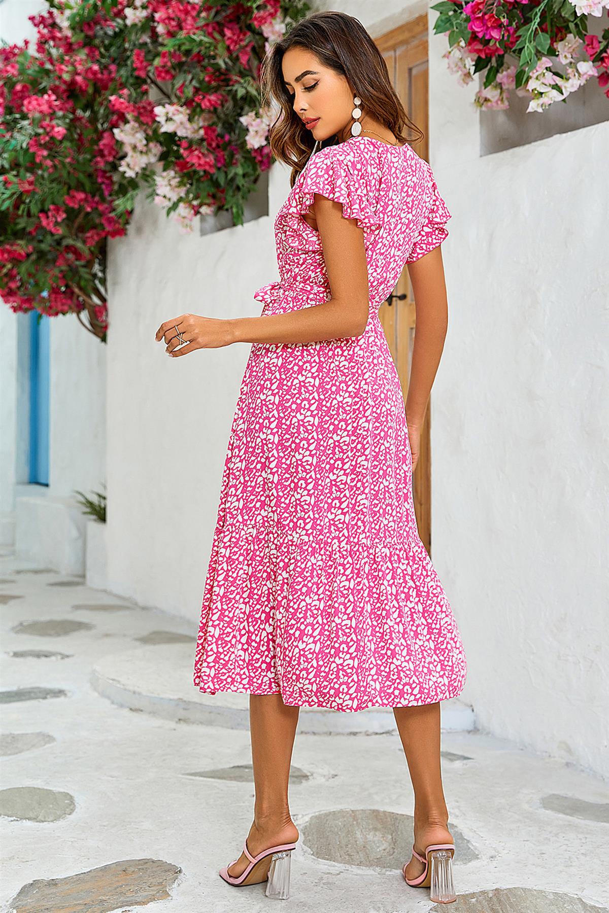 Leopard Print Wrap Dress In Fuchsia Pink - AXON