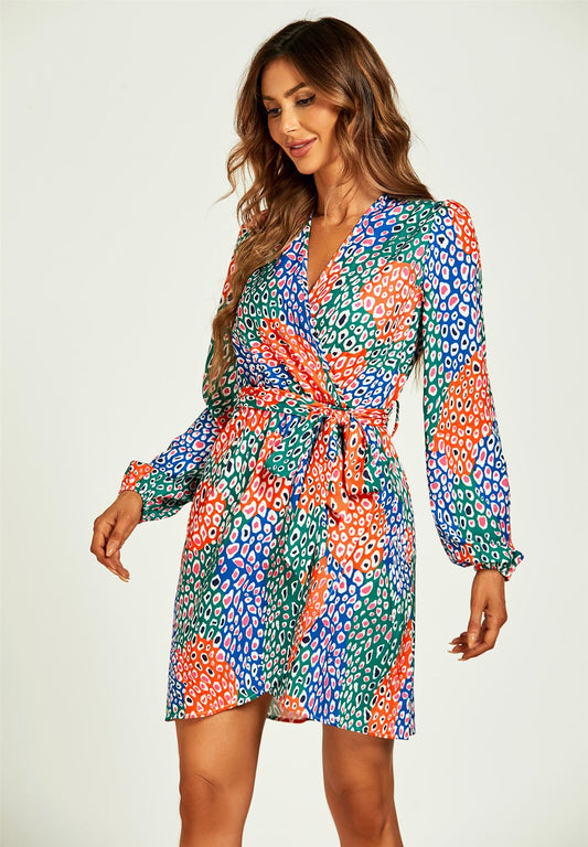 Leopard Print Wrap Mini Dress In Blue - AXON