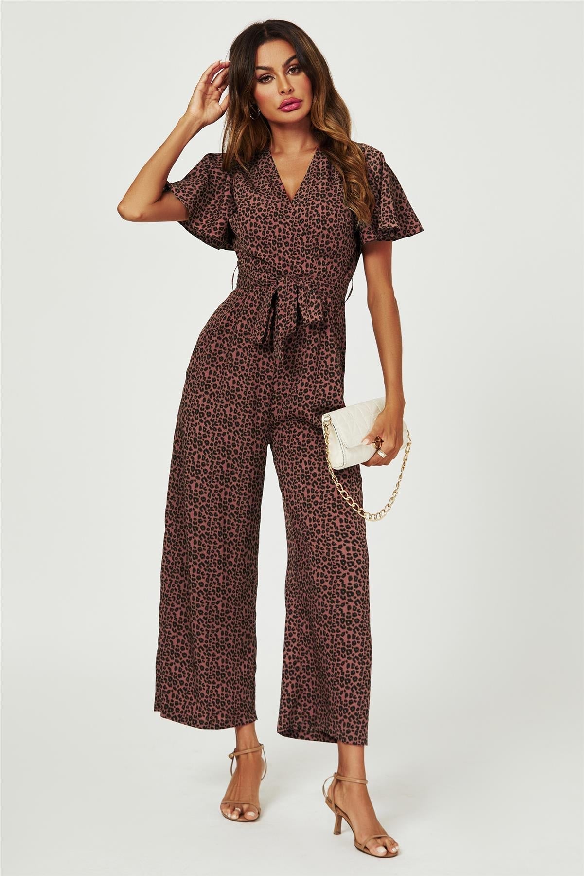 Leopard Print Wrap Top Jumpsuit In Rusty - AXON