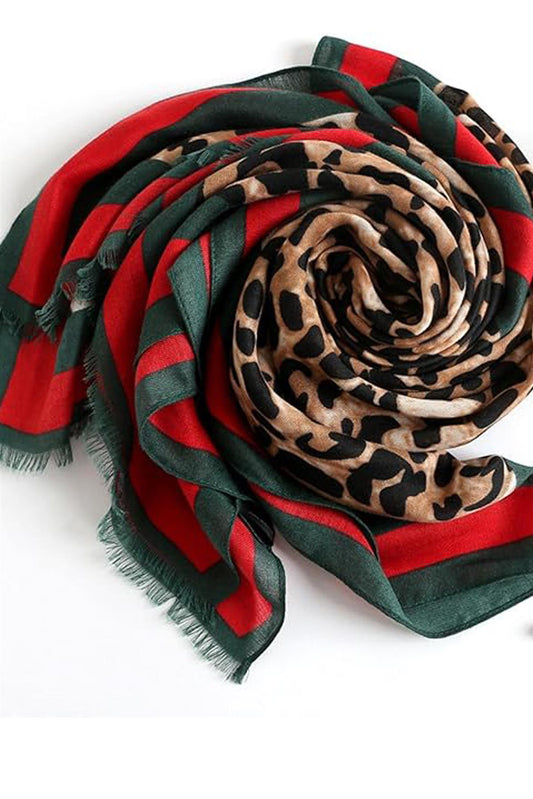 Leopard & Strip Print Fringed edges Scarf In Green & Red - AXON