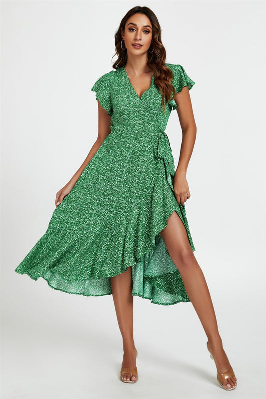 Little Floral Frill Sleeve Midi Wrap Dress In Green - AXON