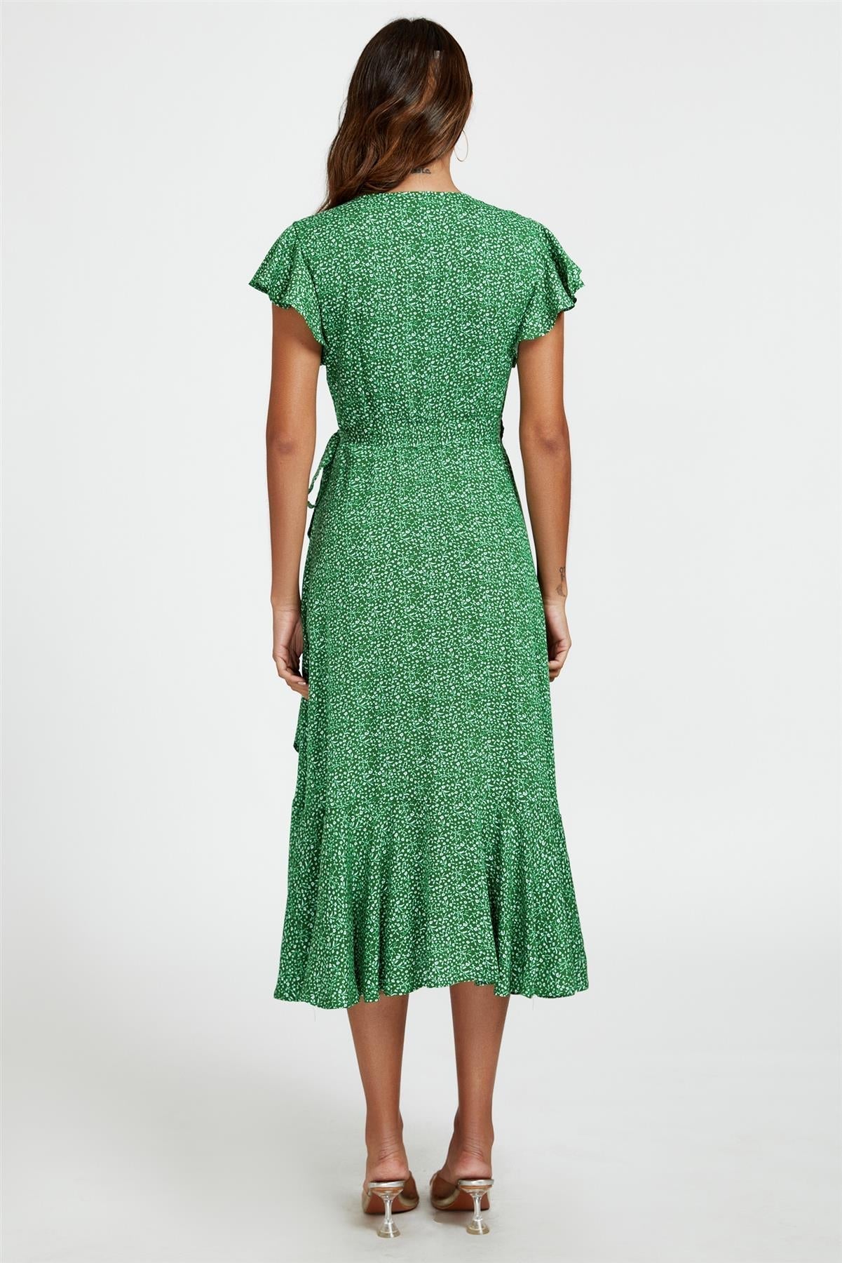 Little Floral Frill Sleeve Midi Wrap Dress In Green - AXON