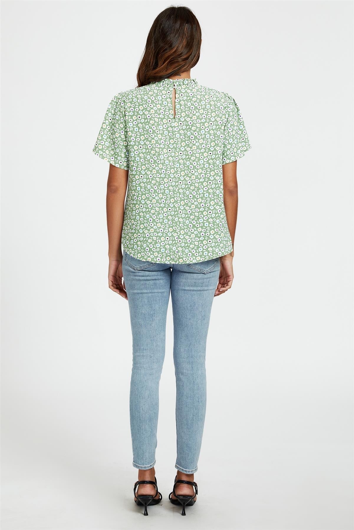 Little Floral Print Angle Sleeve High Neck Top/Blouse In Green - AXON