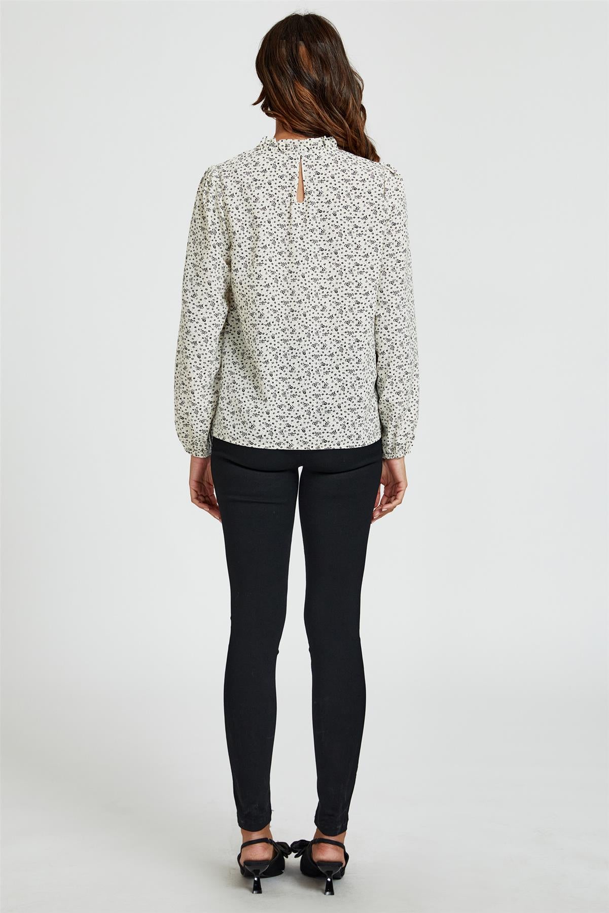 Little Floral Print Frill Detail High Neck Top In White - AXON
